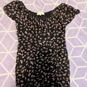 Purple and Black Butterfly Ruched Midi Dress